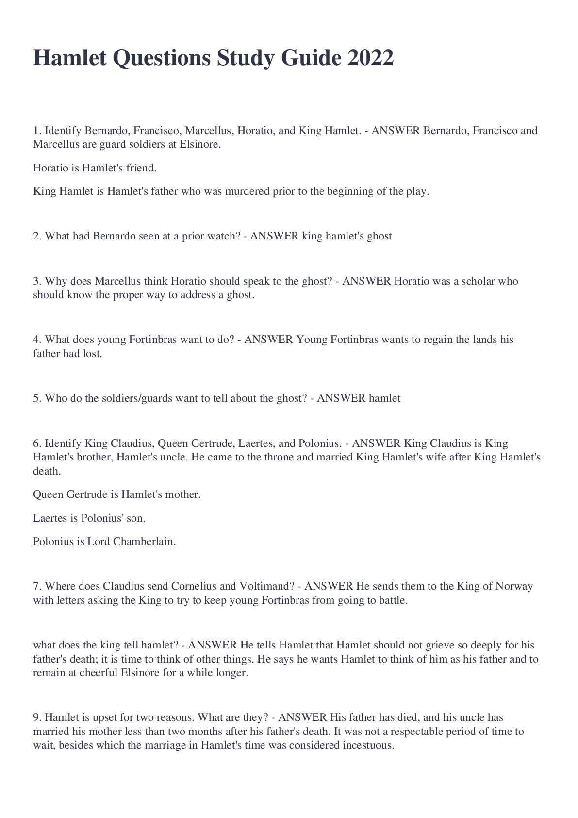 Preview image of Hamlet Questions Study Guide 2022 document